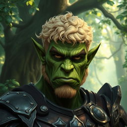 A striking and handsome orc with strong, chiseled features, complemented by short, blond curly hair that contrasts beautifully with his rugged, green complexion