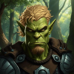 A striking and handsome orc with strong, chiseled features, complemented by short, blond curly hair that contrasts beautifully with his rugged, green complexion