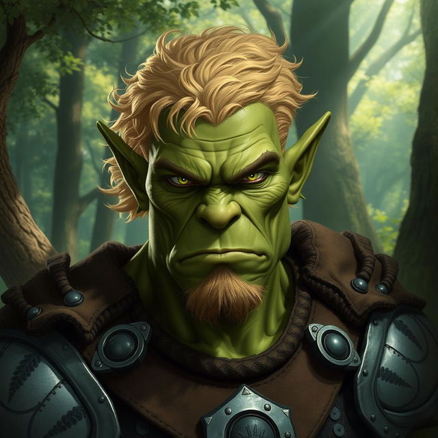 A striking and handsome orc with strong, chiseled features, complemented by short, blond curly hair that contrasts beautifully with his rugged, green complexion