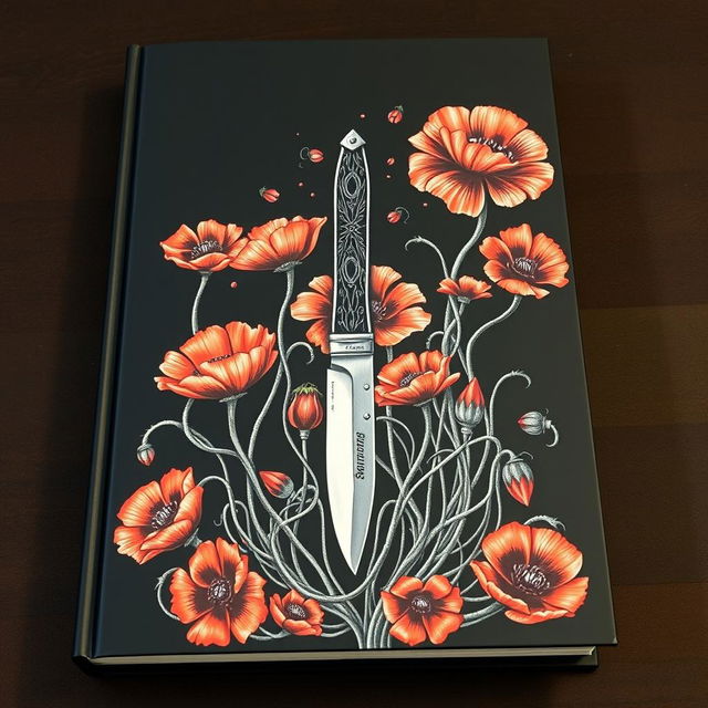 A book cover with a dark background featuring a detailed drawing of a single pocket knife standing upright, surrounded by numerous vivid poppy flowers