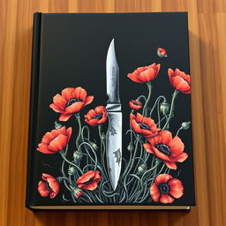 A book cover with a dark background featuring a detailed drawing of a single pocket knife standing upright, surrounded by numerous vivid poppy flowers