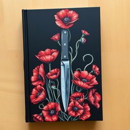 A book cover with a dark background featuring a detailed drawing of a single pocket knife standing upright, surrounded by numerous vivid poppy flowers