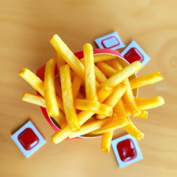 A serving of golden, crispy French fries perfectly arranged in a classic red and yellow fast-food-style container