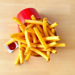 A serving of golden, crispy French fries perfectly arranged in a classic red and yellow fast-food-style container