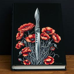 A book cover with a dark background featuring a detailed drawing of a single pocket knife standing upright, surrounded by numerous vivid poppy flowers