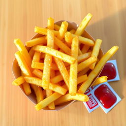 A serving of golden, crispy French fries perfectly arranged in a classic red and yellow fast-food-style container