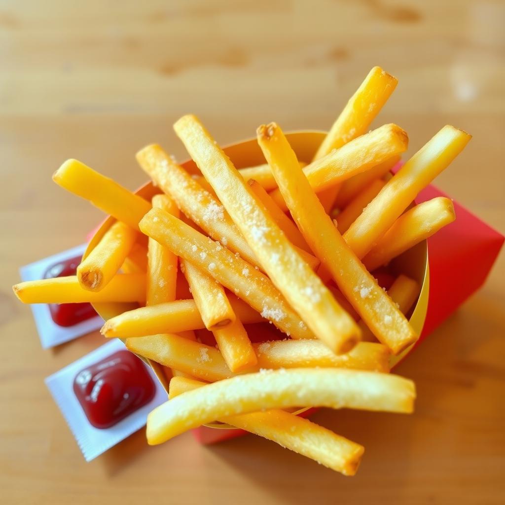 A serving of golden, crispy French fries perfectly arranged in a classic red and yellow fast-food-style container