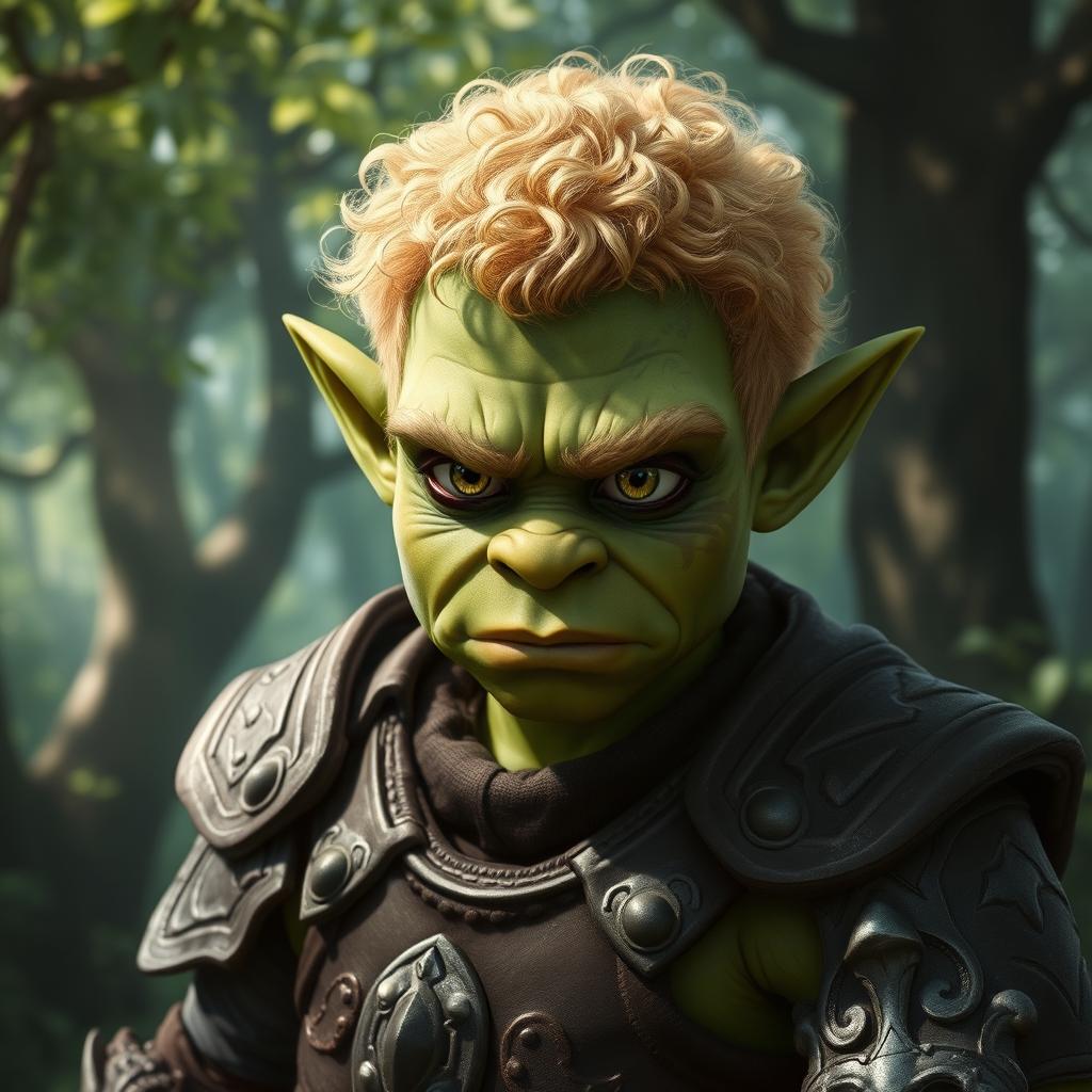 A striking and handsome orc with an innocent expression, possessing strong, chiseled features and short, blond curly hair that contrasts beautifully with his rugged, green complexion