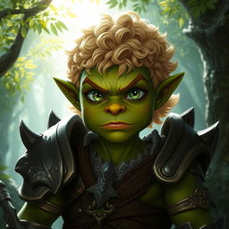 A striking and handsome orc with an innocent expression, possessing strong, chiseled features and short, blond curly hair that contrasts beautifully with his rugged, green complexion