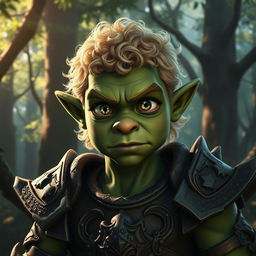 A striking and handsome orc with an innocent expression, possessing strong, chiseled features and short, blond curly hair that contrasts beautifully with his rugged, green complexion