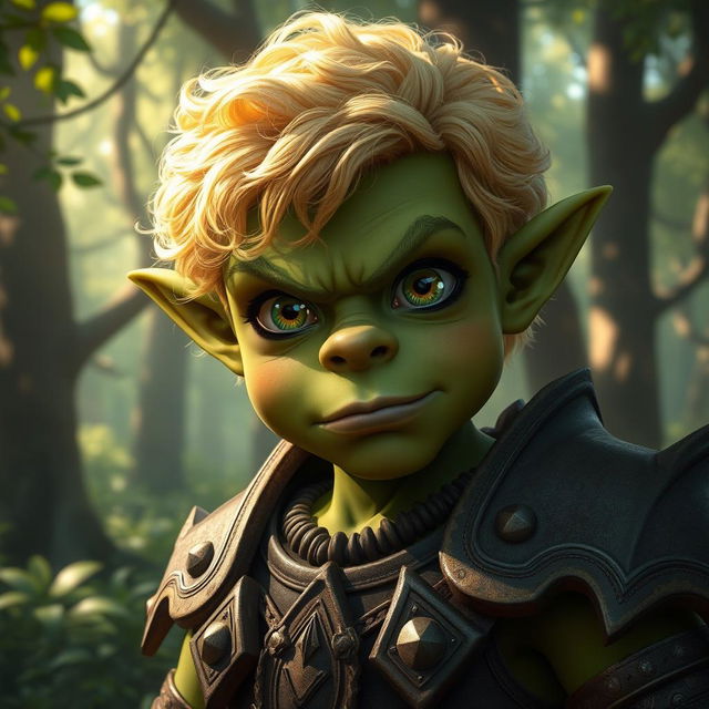 A striking and handsome orc with an innocent expression, possessing strong, chiseled features and short, blond curly hair that contrasts beautifully with his rugged, green complexion