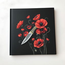 A book cover with a dark background featuring an intricate drawing of a single pocket knife surrounded by numerous blooming poppy flowers