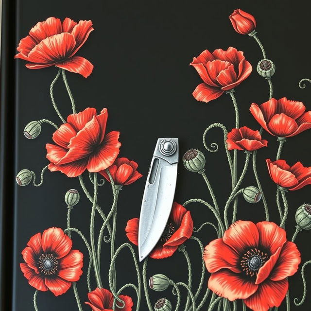 A book cover with a dark background featuring an intricate drawing of a single pocket knife surrounded by numerous blooming poppy flowers