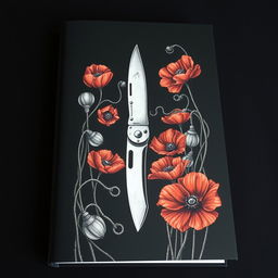 A book cover with a dark background featuring an intricate drawing of a single pocket knife surrounded by numerous blooming poppy flowers