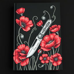 A book cover with a dark background featuring an intricate drawing of a single pocket knife surrounded by numerous blooming poppy flowers