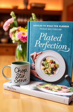 A beautifully designed book with the title "Plated Perfection" on the cover, elegantly displayed beside a stylish mug