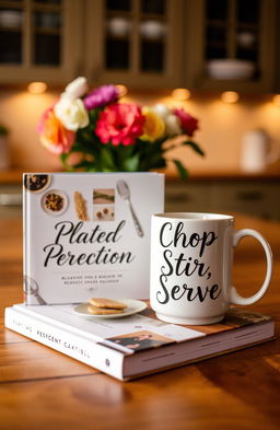 A beautifully designed book with the title "Plated Perfection" on the cover, elegantly displayed beside a stylish mug