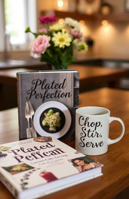 A beautifully designed book with the title "Plated Perfection" on the cover, elegantly displayed beside a stylish mug