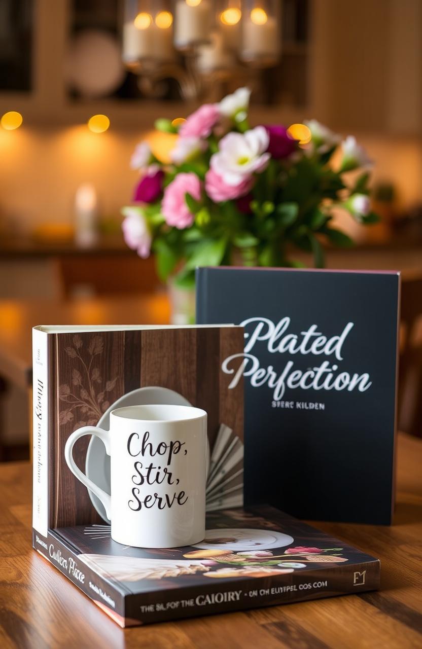 A beautifully designed book with the title "Plated Perfection" on the cover, elegantly displayed beside a stylish mug