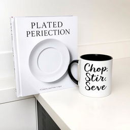 A beautifully designed book with the title "Plated Perfection" on the cover, elegantly displayed beside a stylish mug