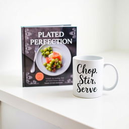 A beautifully designed book with the title "Plated Perfection" on the cover, elegantly displayed beside a stylish mug