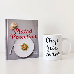 A beautifully designed book with the title "Plated Perfection" on the cover, elegantly displayed beside a stylish mug