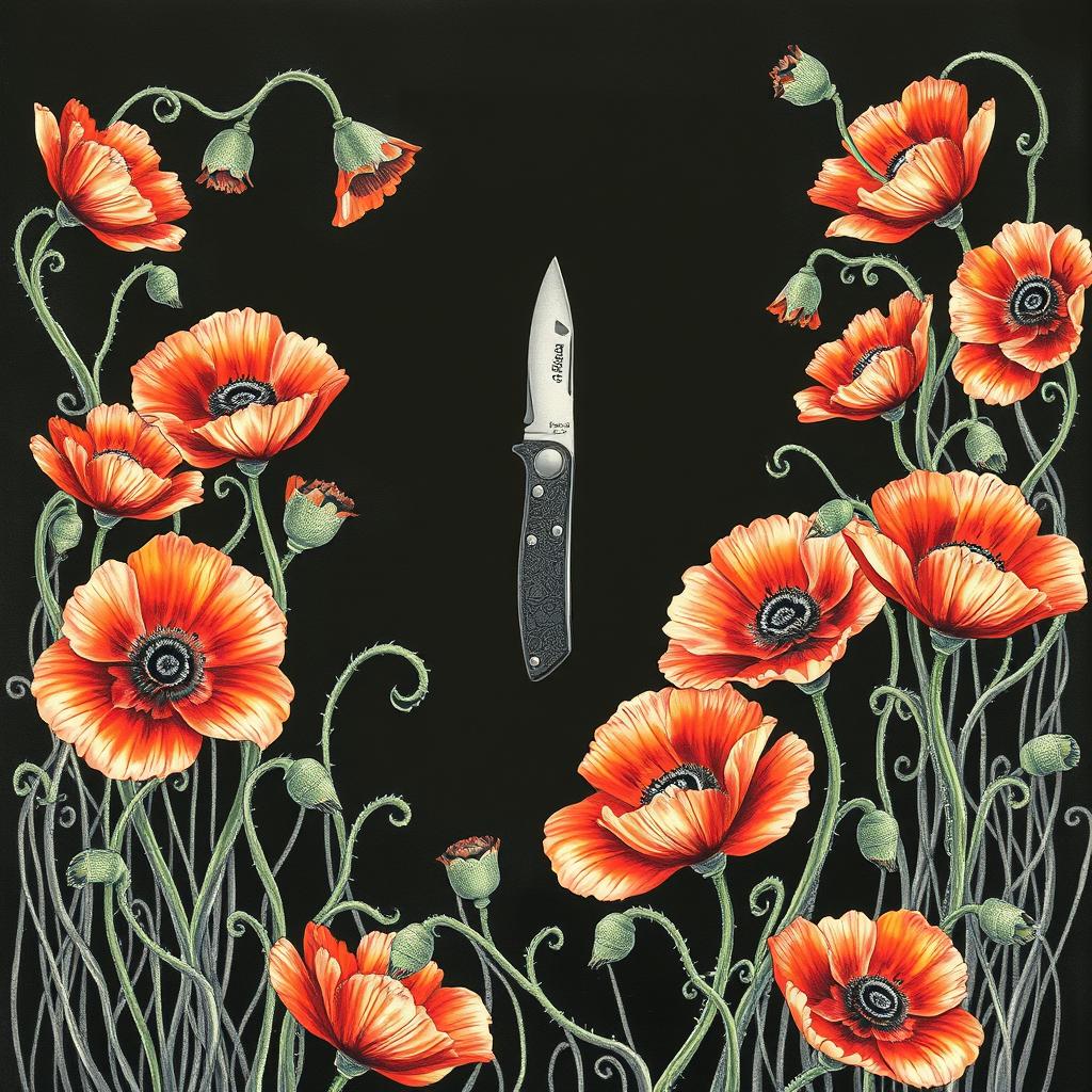 An intricate drawing of a single pocket knife positioned in the center, surrounded by a profusion of vibrant poppy flowers, their petals softly illuminated against a dark background