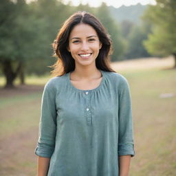 A beautiful woman with a radiating smile, dressed in modest, worn-out, but clean clothes, standing in a serene, natural setting, conveying contentment and simplicity.