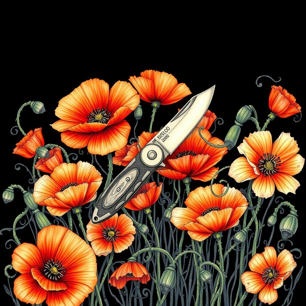 An intricate drawing of a single pocket knife positioned in the center, surrounded by a profusion of vibrant poppy flowers, their petals softly illuminated against a dark background