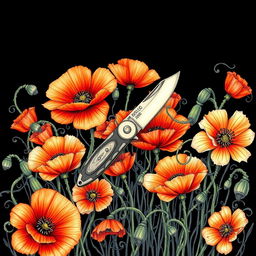 An intricate drawing of a single pocket knife positioned in the center, surrounded by a profusion of vibrant poppy flowers, their petals softly illuminated against a dark background