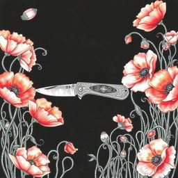 An intricate drawing of a single pocket knife positioned in the center, surrounded by a profusion of vibrant poppy flowers, their petals softly illuminated against a dark background