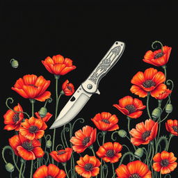 An intricate drawing of a single pocket knife positioned in the center, surrounded by a profusion of vibrant poppy flowers, their petals softly illuminated against a dark background