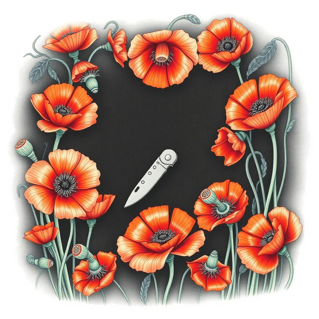 An intricate drawing of a single pocket knife positioned in the center, surrounded by a profusion of vibrant poppy flowers, their petals softly illuminated against a dark background