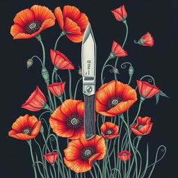 An intricate drawing of a single pocket knife positioned in the center, surrounded by a profusion of vibrant poppy flowers, their petals softly illuminated against a dark background