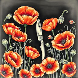 An intricate drawing of a single pocket knife positioned in the center, surrounded by a profusion of vibrant poppy flowers, their petals softly illuminated against a dark background