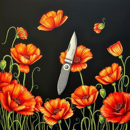 An intricate drawing of a single pocket knife positioned in the center, surrounded by a profusion of vibrant poppy flowers, their petals softly illuminated against a dark background