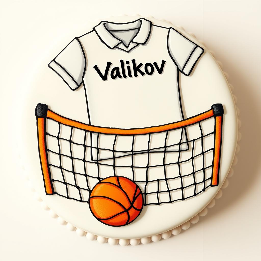 A detailed drawing of a round cake with a playful design, featuring a white football shirt prominently displayed on top