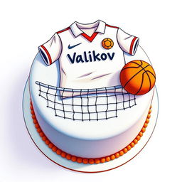 A detailed drawing of a round cake with a playful design, featuring a white football shirt prominently displayed on top