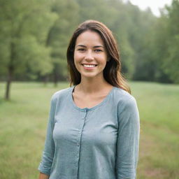 A beautiful woman with a radiating smile, dressed in modest, worn-out, but clean clothes, standing in a serene, natural setting, conveying contentment and simplicity.