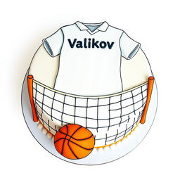 A detailed drawing of a round cake with a playful design, featuring a white football shirt prominently displayed on top