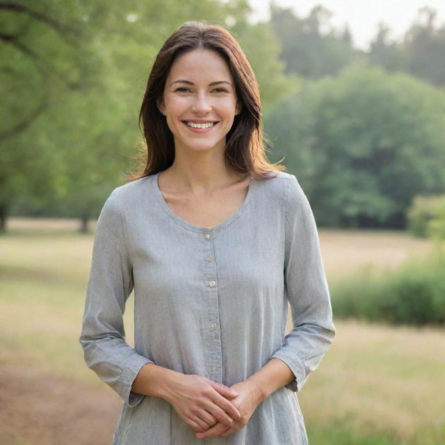 A beautiful woman with a radiating smile, dressed in modest, worn-out, but clean clothes, standing in a serene, natural setting, conveying contentment and simplicity.