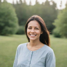 A beautiful woman with a radiating smile, dressed in modest, worn-out, but clean clothes, standing in a serene, natural setting, conveying contentment and simplicity.