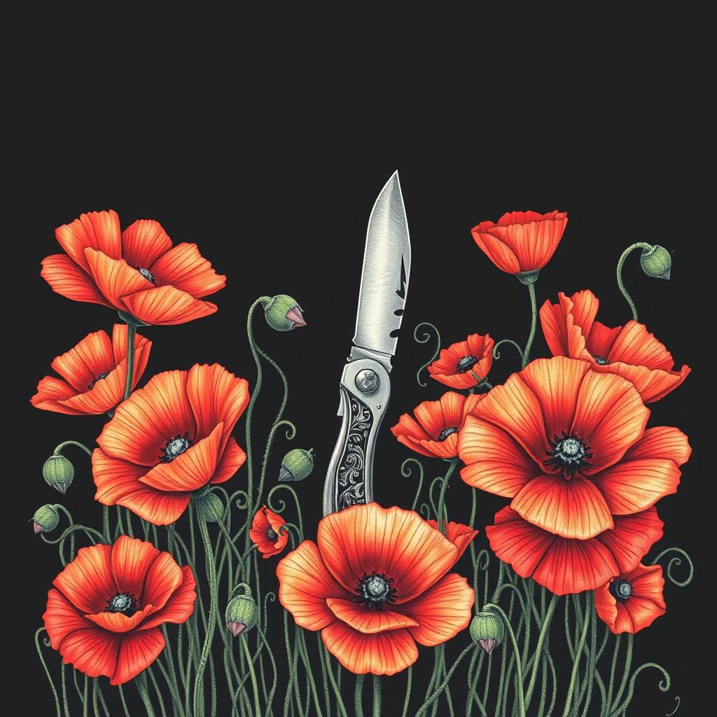 An intricate drawing of a single pocket knife positioned in the center, surrounded by a profusion of vibrant poppy flowers, their petals softly illuminated against a dark background