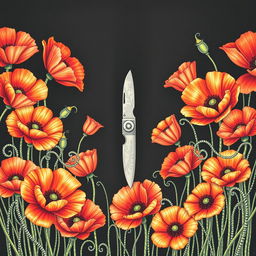 An intricate drawing of a single pocket knife positioned in the center, surrounded by a profusion of vibrant poppy flowers, their petals softly illuminated against a dark background