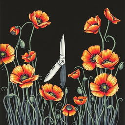 An intricate drawing of a single pocket knife positioned in the center, surrounded by a profusion of vibrant poppy flowers, their petals softly illuminated against a dark background