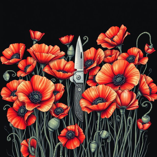 An intricate drawing of a single pocket knife positioned in the center, surrounded by a profusion of vibrant poppy flowers, their petals softly illuminated against a dark background