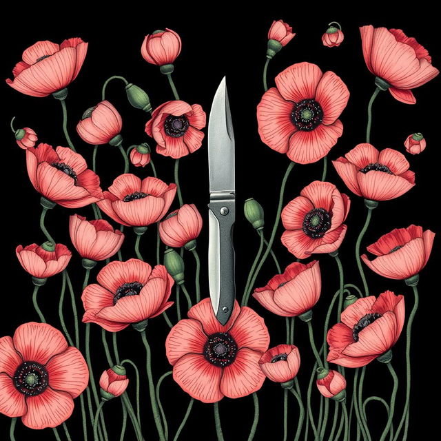 A captivating illustration of a single pocket knife at the center, encircled by numerous blooming poppy flowers, their petals and twisted veins vividly detailed