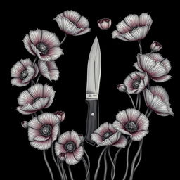 A captivating illustration of a single pocket knife at the center, encircled by numerous blooming poppy flowers, their petals and twisted veins vividly detailed