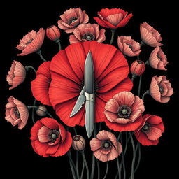 A captivating illustration of a single pocket knife at the center, encircled by numerous blooming poppy flowers, their petals and twisted veins vividly detailed