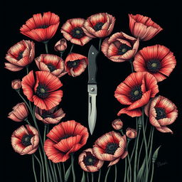 A captivating illustration of a single pocket knife at the center, encircled by numerous blooming poppy flowers, their petals and twisted veins vividly detailed